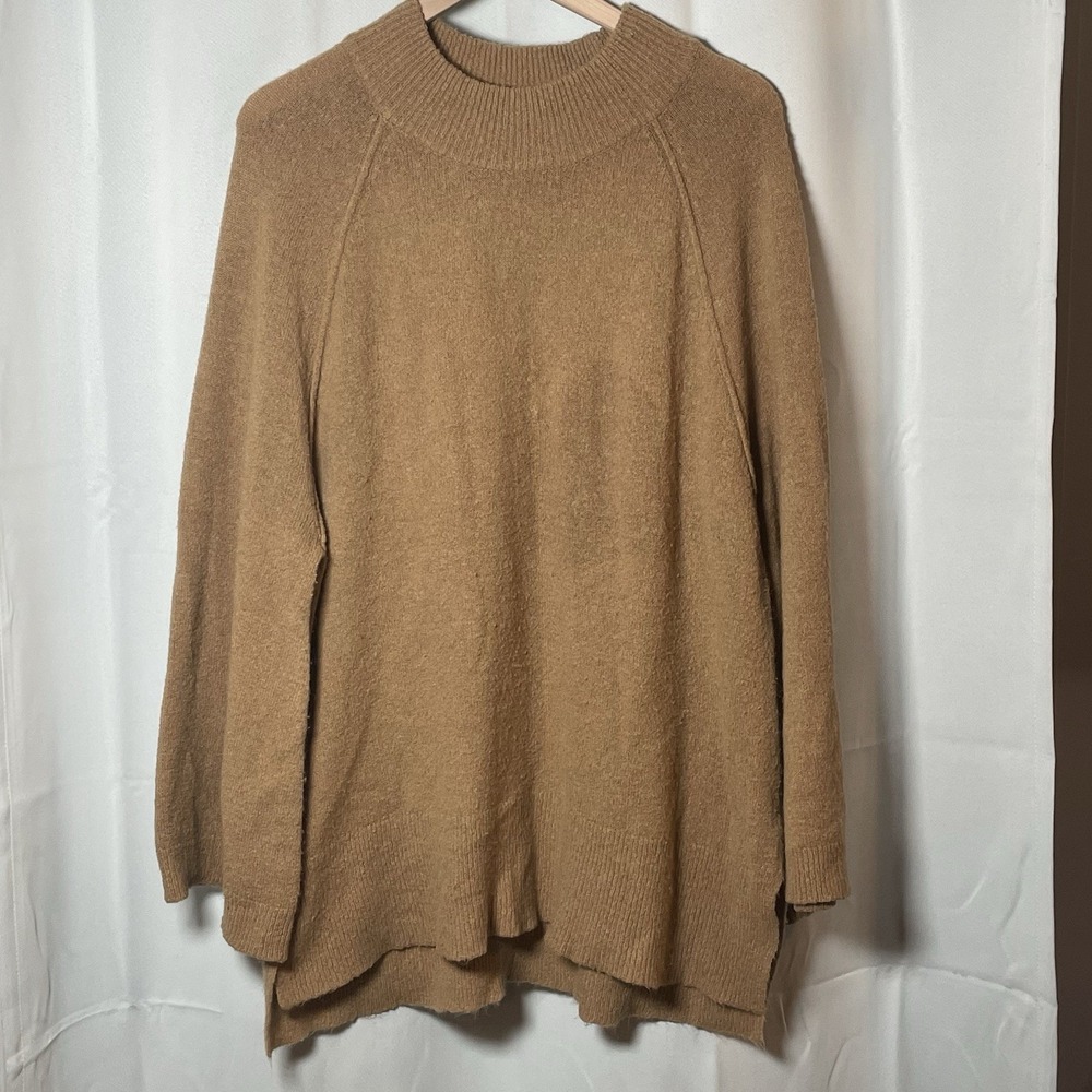Calvin Klein‎ Women's LGG Oversized Wool Blend Chunky Knit Mock Neck Sweater Tan